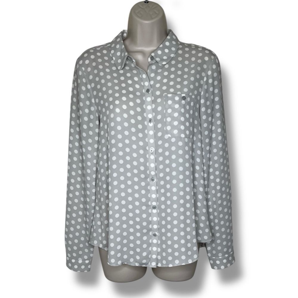 Loft Ann Taylor Gray Polka Dot Button Front Blouse Peter Pan Collar Women Small